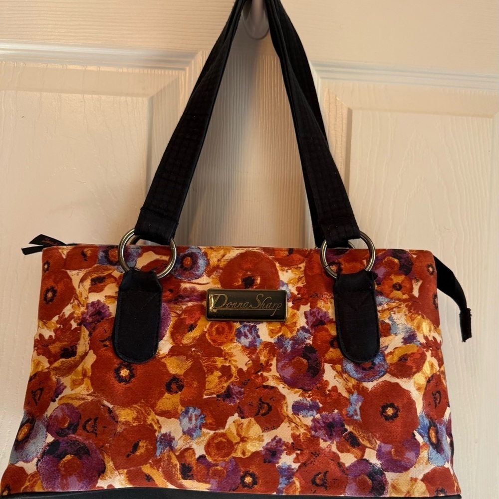Donna Sharp NWOT 2 Handle Tote Bag Orange Purple Poppy Floral Print - Picture 2 of 8